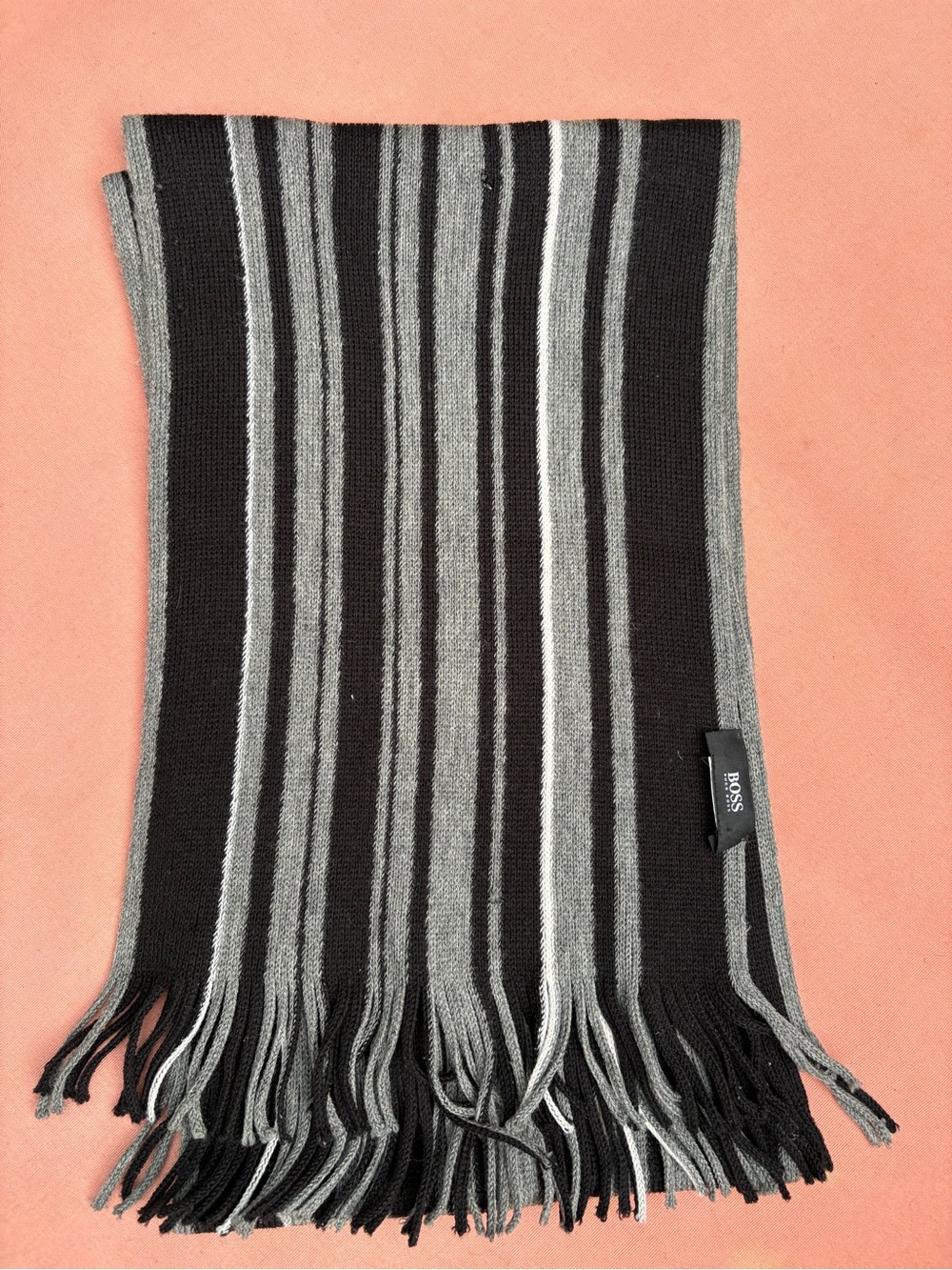 Hugo Boss Black and Gray Striped Knit Scarf